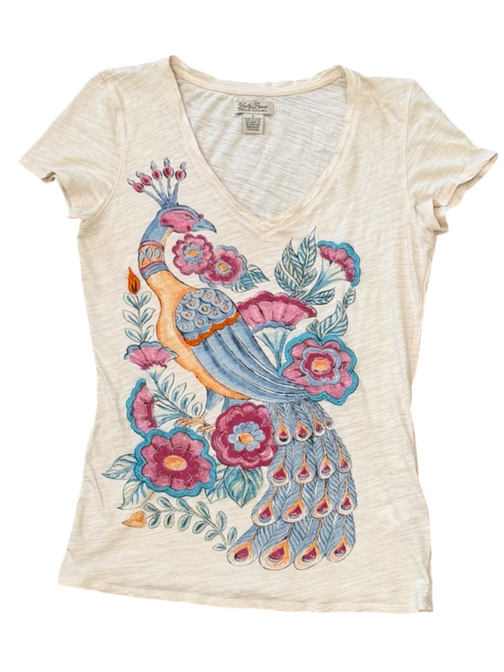 Y2k Lucky Brand Peacock Embroidered Graphic Tee